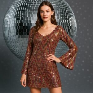 Disco Dolly Collections Women's Geometric Design Mini Dress Long Bell Sleeves Lg